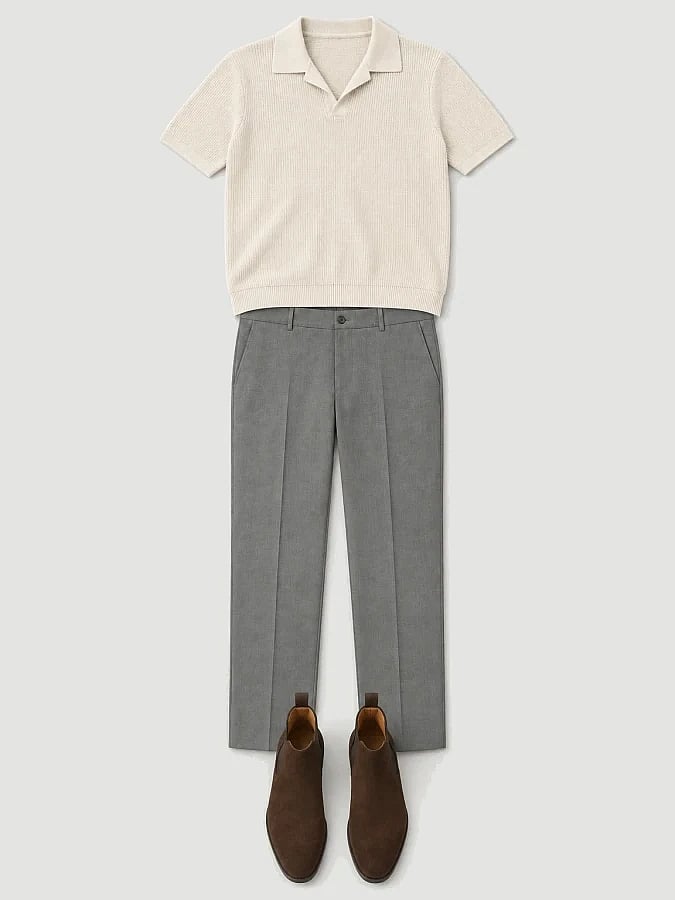 Ecru knit polo, grey trousers, brown boots